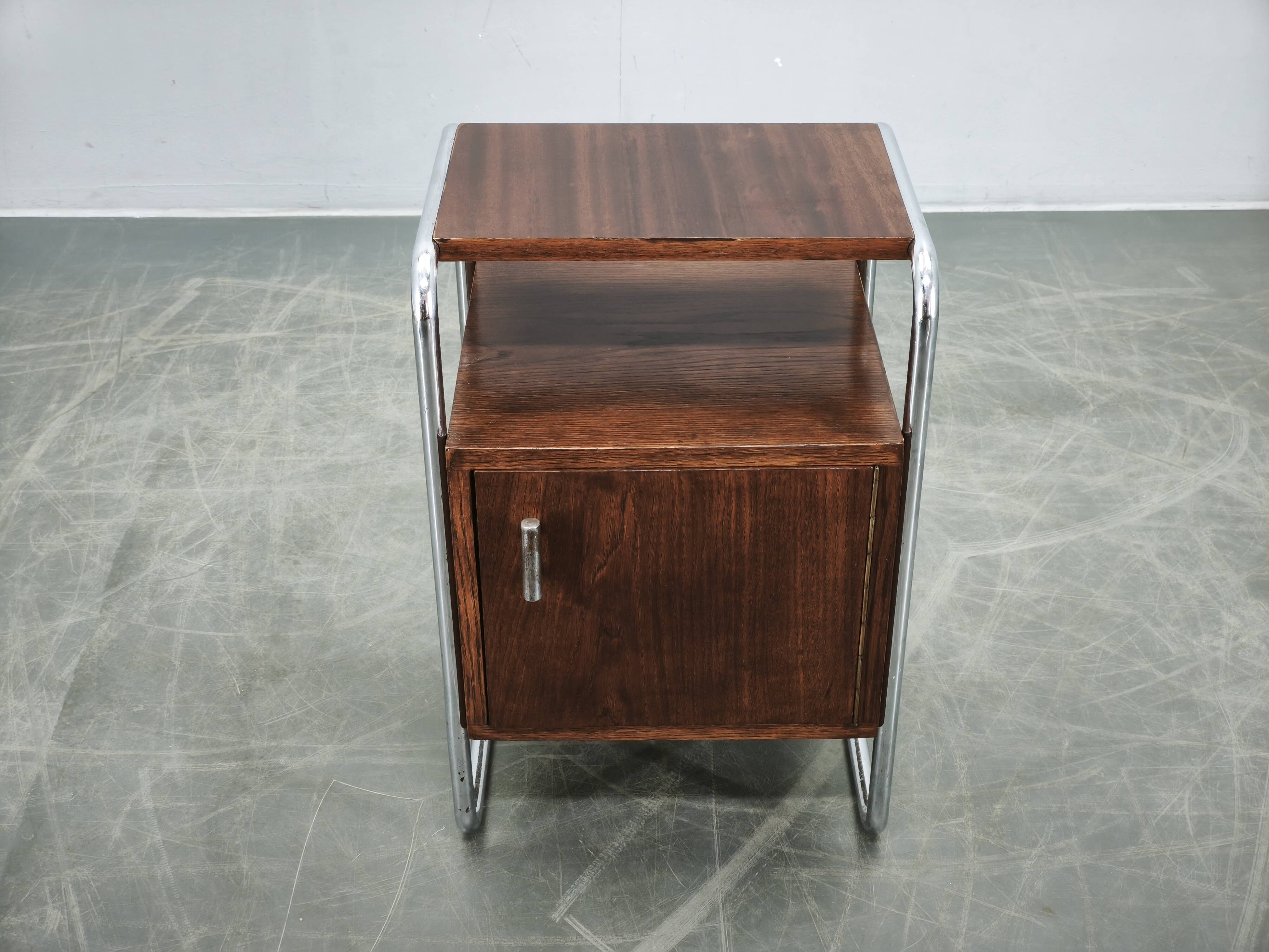 Bauhaus Oak and Chrome Tubular Nightstand, Czechoslovakia 1940s