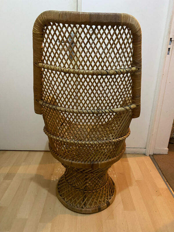 Fauteuil en rotin vintage – Haut dossier – Années 70