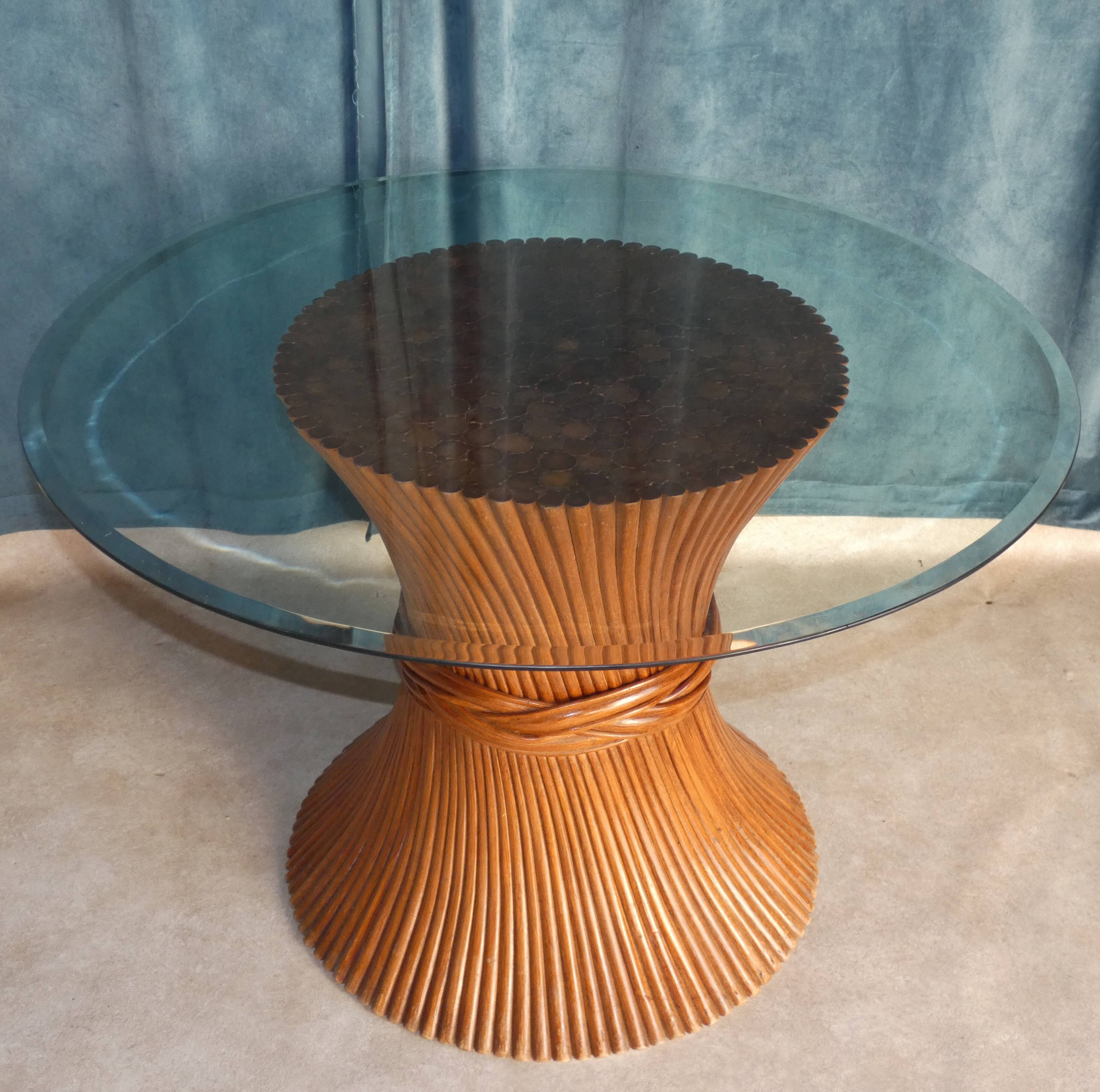 Round Dining Table McGuire Central Foot Bamboo "Wheat Sheaf" / Glass Tray, USA 1970