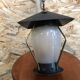 Old black metal & brass lantern pendant + vintage round opaque glass
