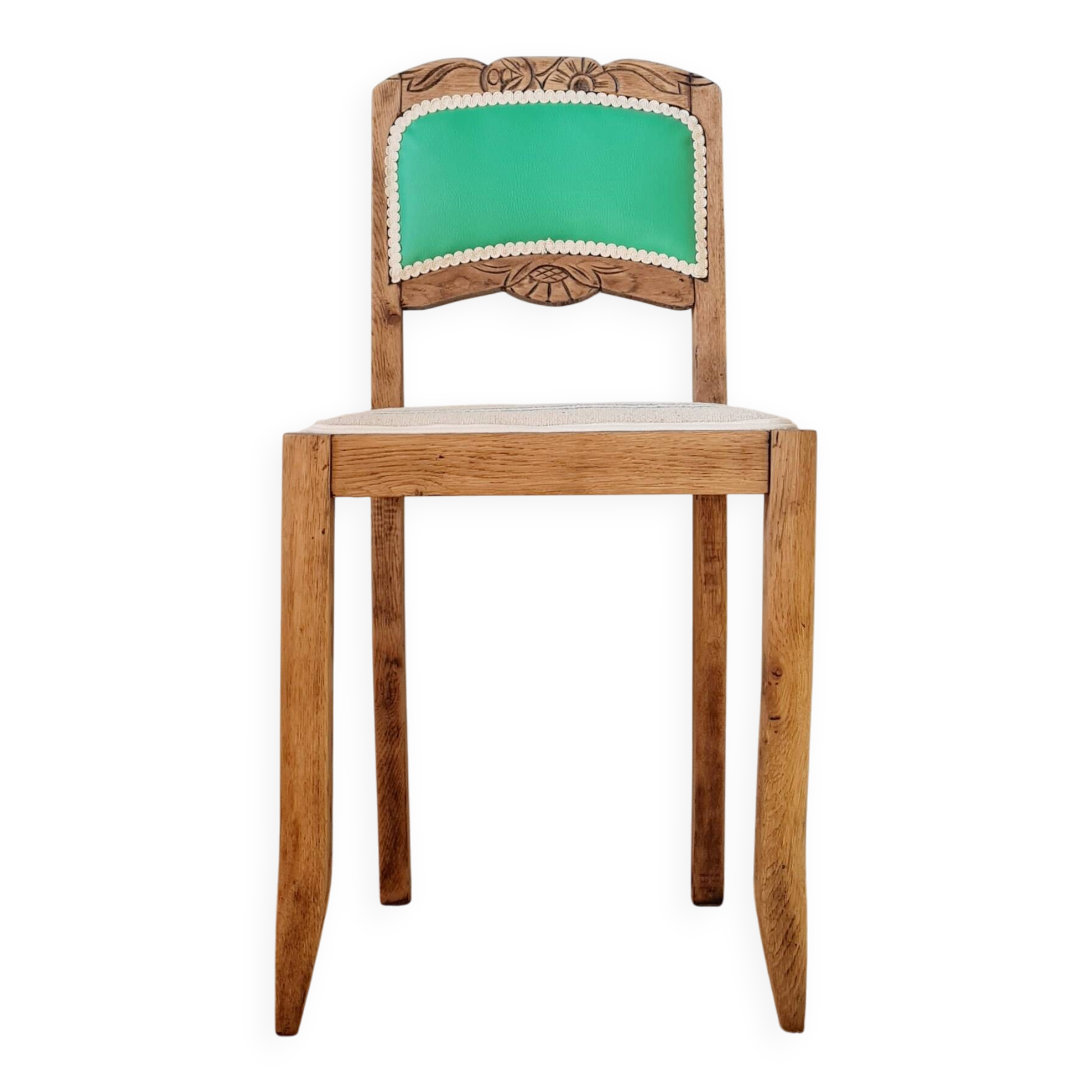 Renovated antique chair – carved wood and green backrest