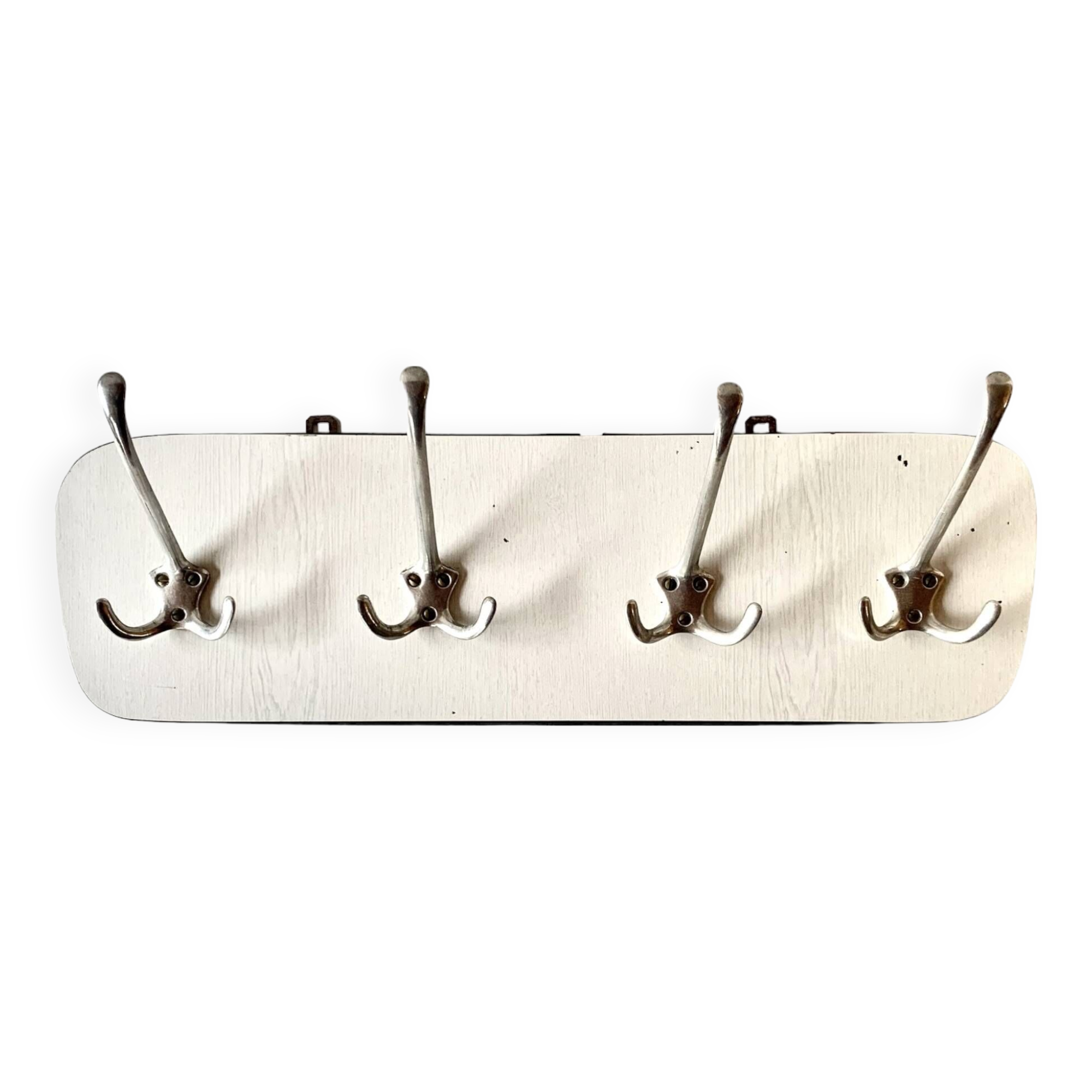 Vintage wall coat rack in white Formica - 4 cast aluminum coat hooks