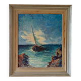 Original oil on panel from the mid-20th century – ship at sea