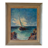 Original oil on panel from the mid-20th century – ship at sea