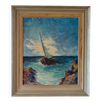Mid-20th century original oil on panel – ship at sea