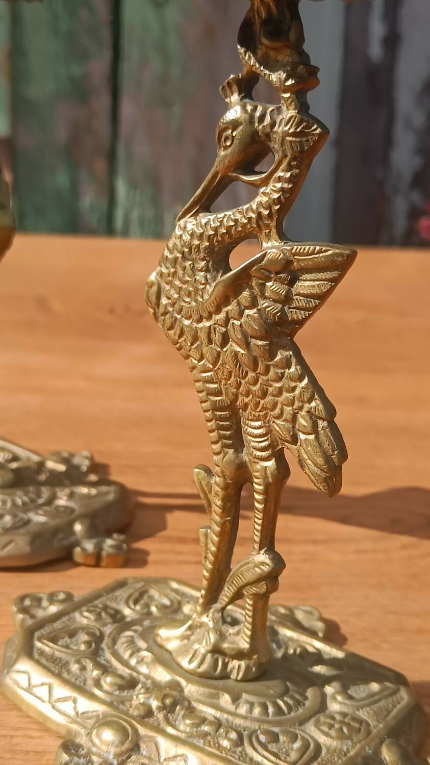 Bronze candlesticks, heron, Orientalist Art Deco