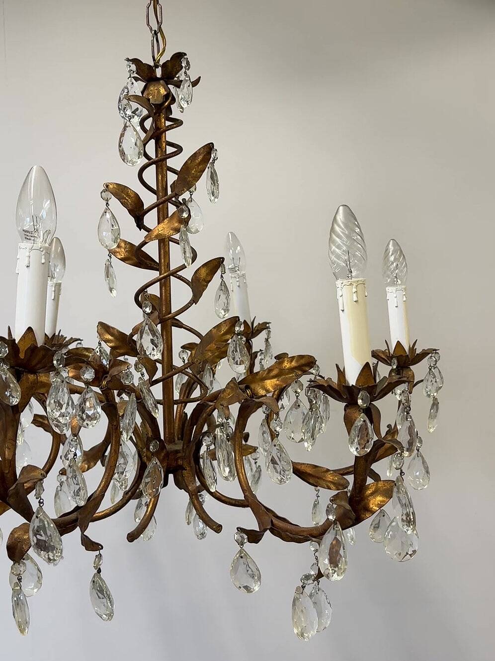 Vintage gold leaf crystal chandelier with 6 lights, 1950s.