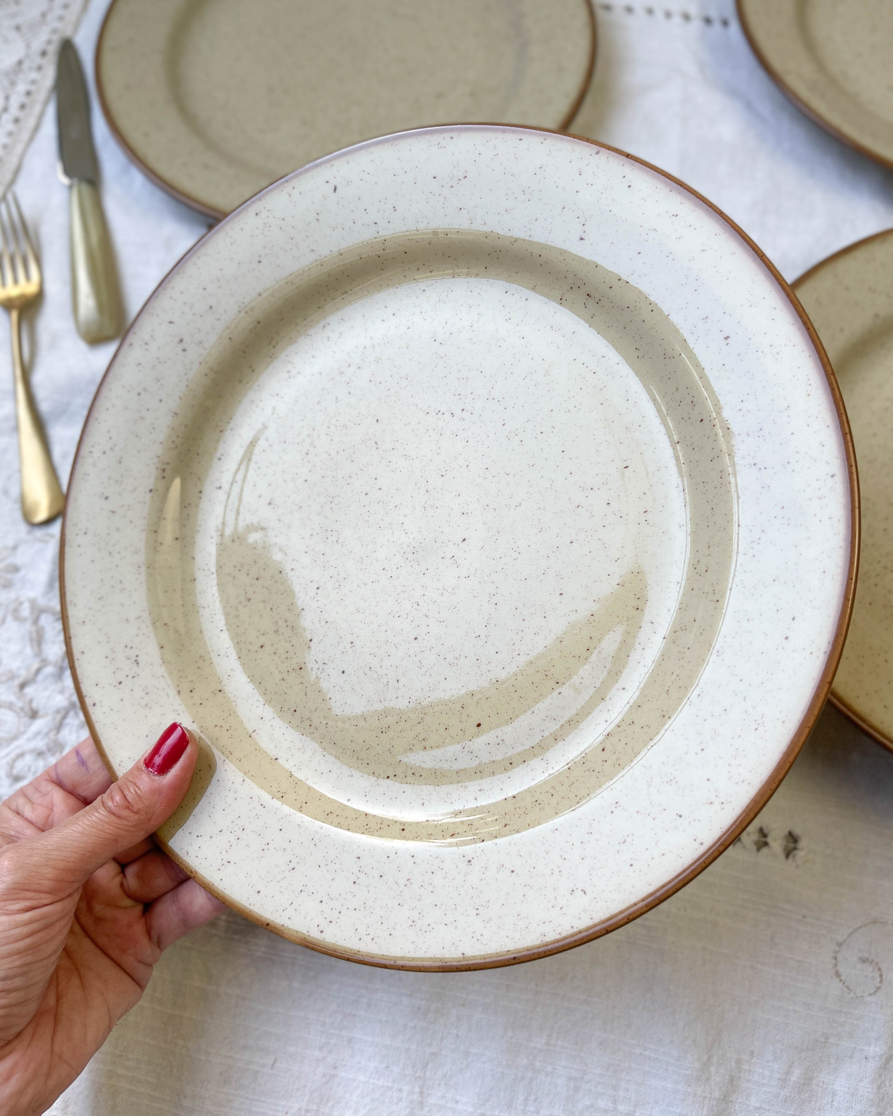 6 flat plates in speckled beige stoneware Tulowice Poland 1970