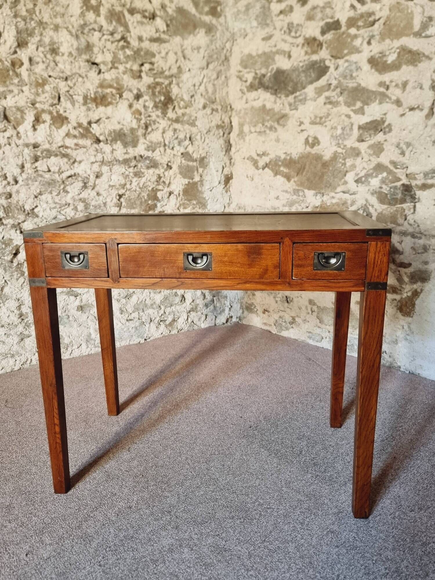 Vintage oak desk – 1970s – Green leather top and 3 drawers
