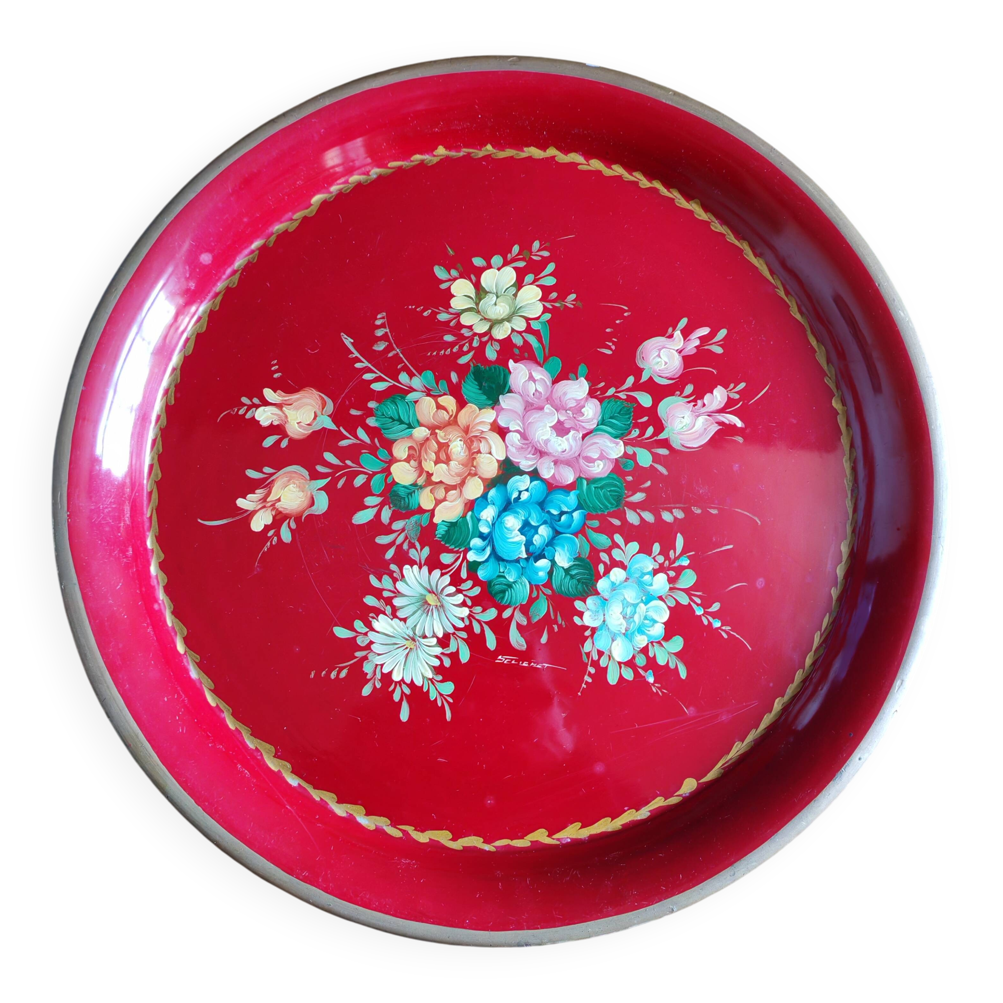 Old Red Plate Signed - Hand-Painted Floral Decoration