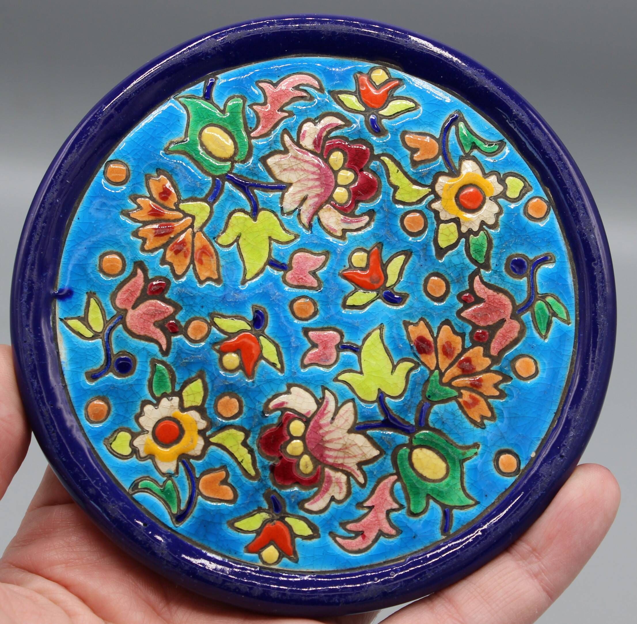 2 beautiful ceramic bottle coasters longwy enamels floral decor