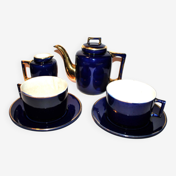 2-cup Petit Déjeuner coffee service in KG Lunéville earthenware - cobalt blue and gold 1920-30