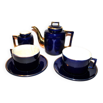 Service à café 2 tasses Petit Déjeuner en Faïence KG Lunéville - bleu cobalt et or 1920-30