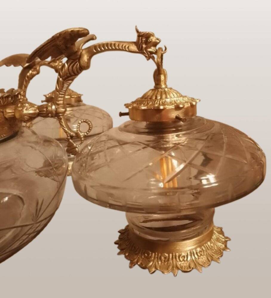 Large Gothic brass chandelier with 6 lights, 1940s.