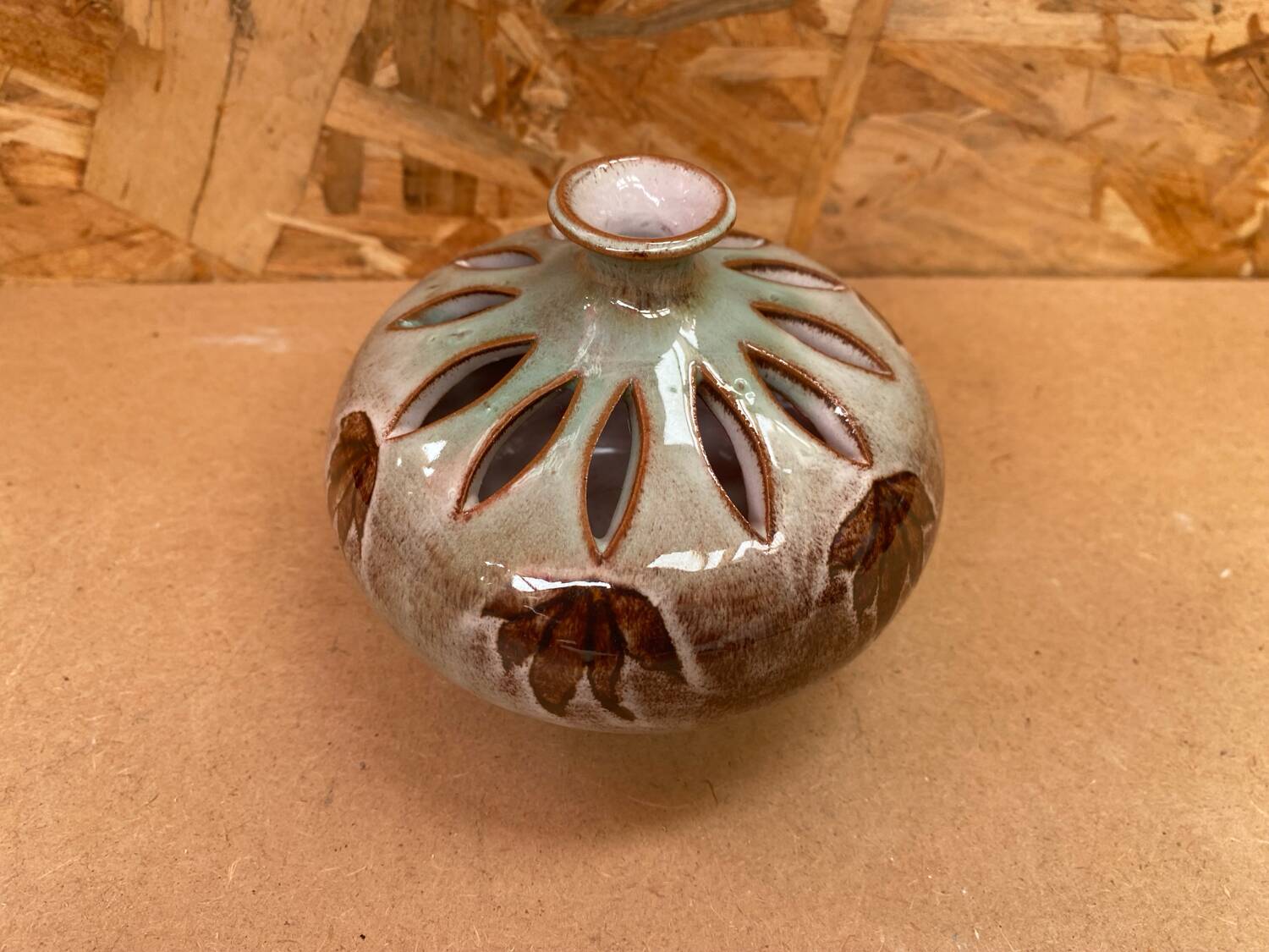 Antique brown glazed ceramic soliflore vase vintage leaf decor