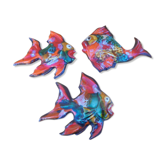 3 poissons en faïence de vallauris déco murale