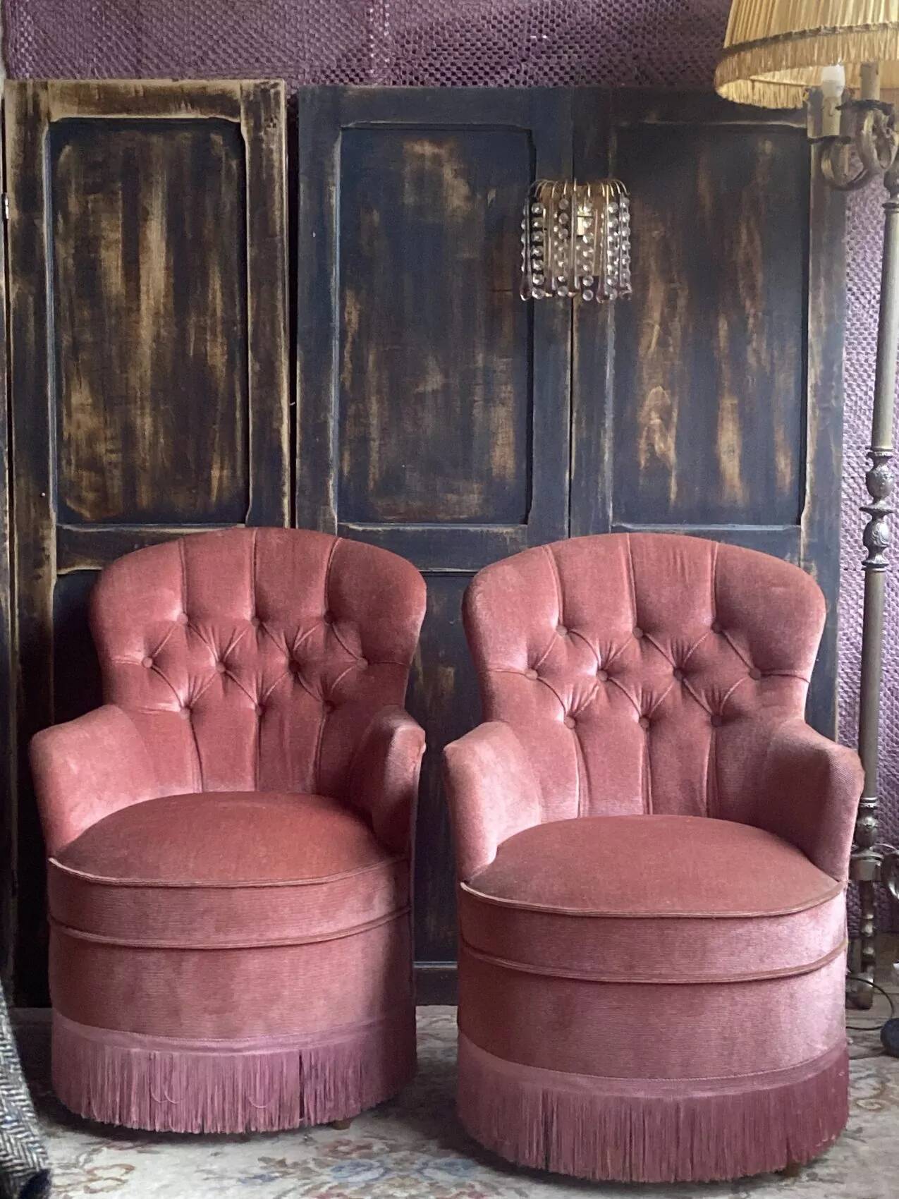 Pair of small vintage upholstered toadstool armchairs in old rose velvet – 1960s