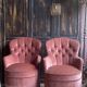 Pair of small vintage upholstered toadstool armchairs in old rose velvet – 1960s