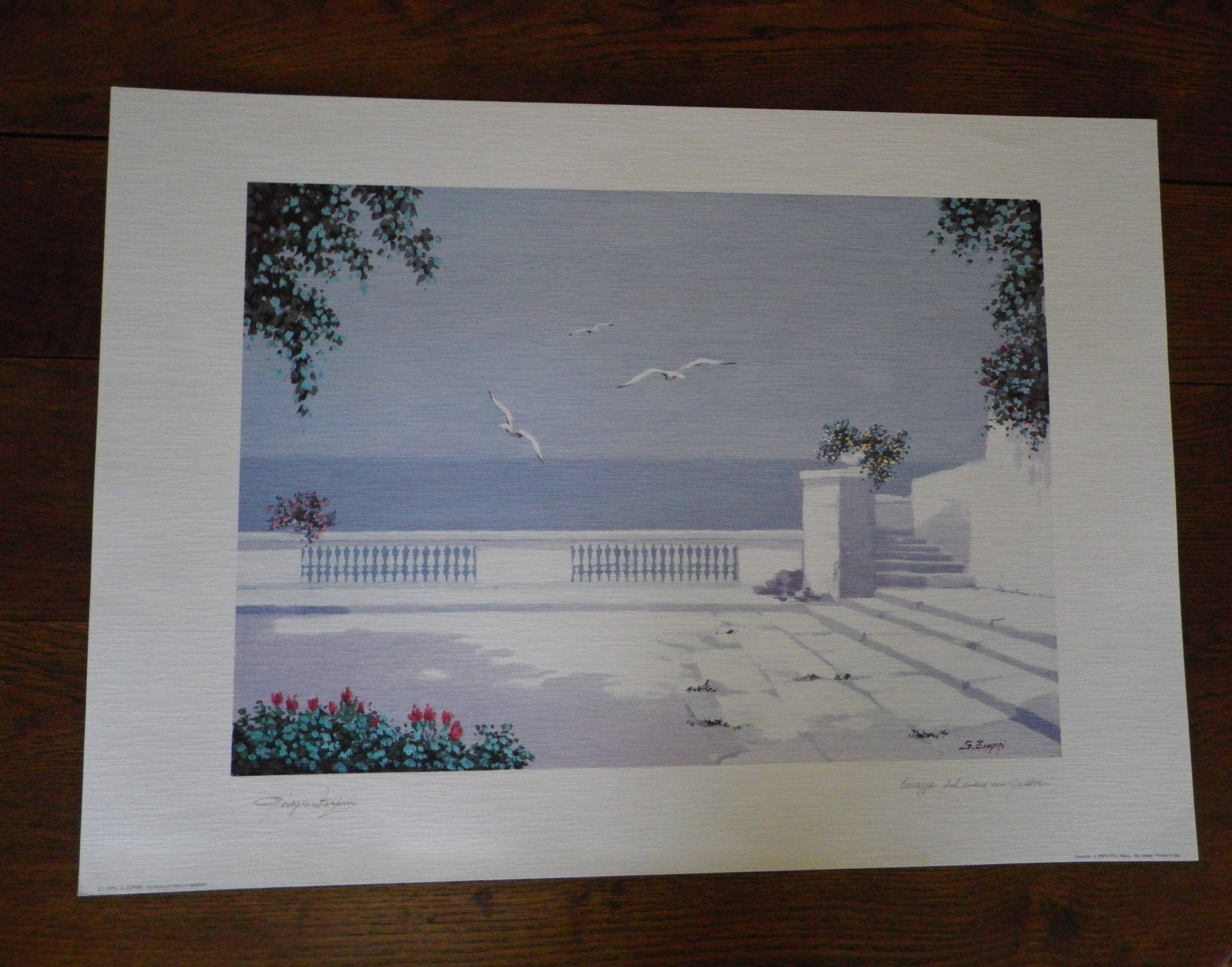 Giorgio Zuppini, Terrace by the Sea with Seagulls, Lithograph, 1970