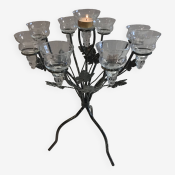 Atypique Grand Soliflore à 9 Lumières Bougeoir Chandelier Candélabre Verre Métal