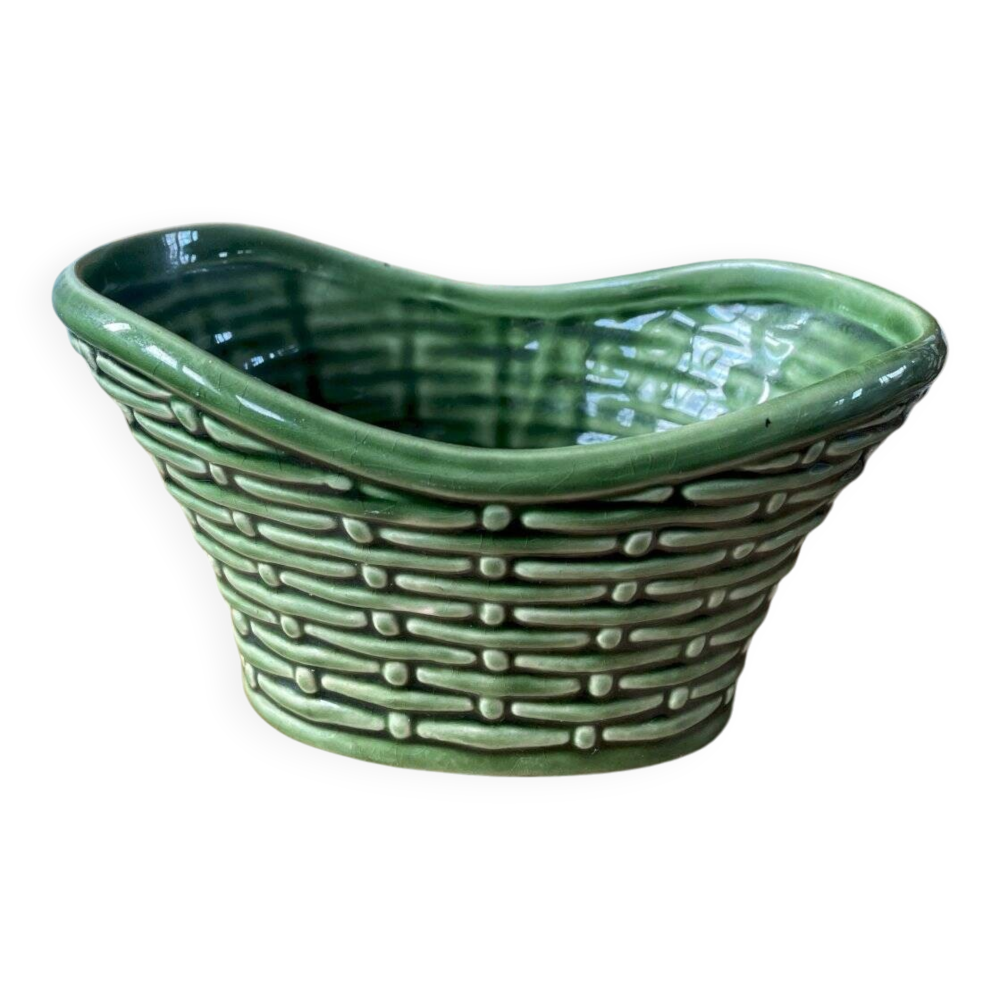 German ceramic pot, green wickerwork effect