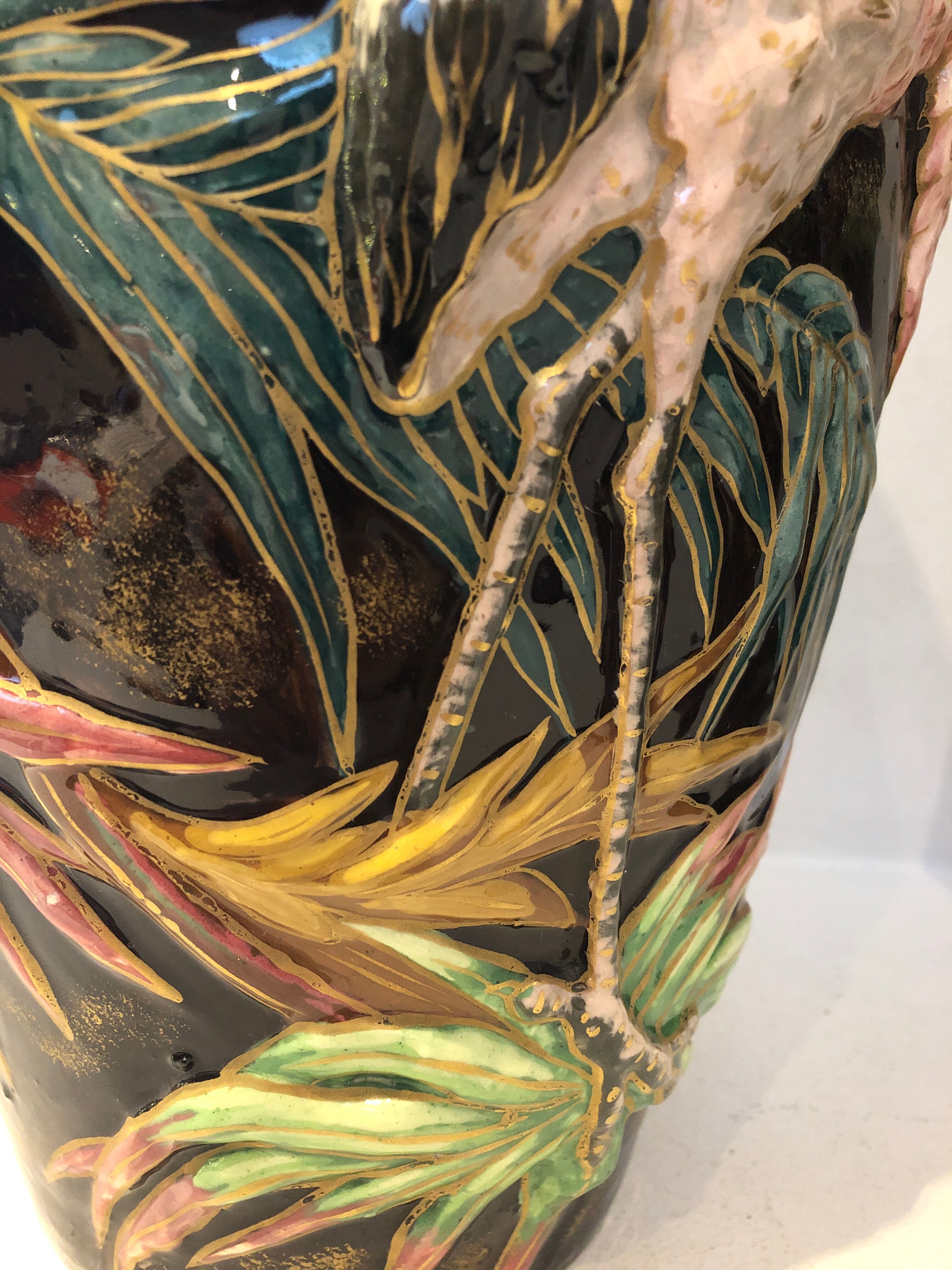 Paire de vases "Aux Hérons" Barbotine Longchamp, début 20ème