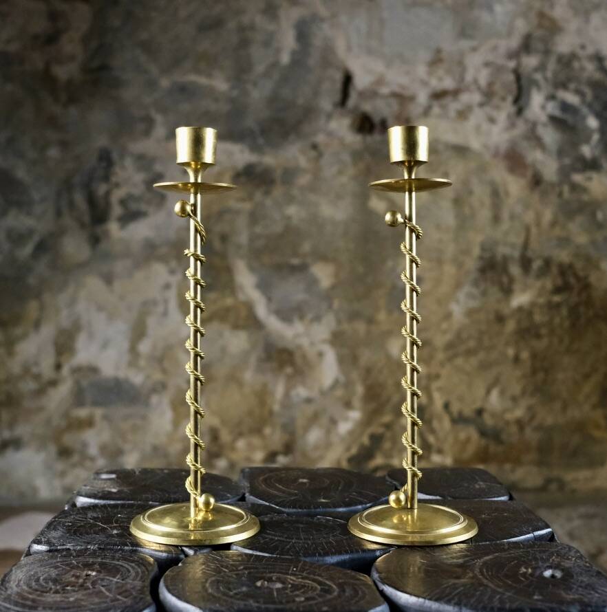 Pair of Art Deco twisted brass candlesticks, France, 1930s