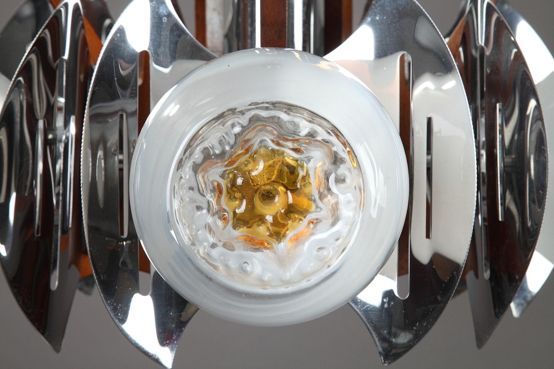 Mazzega chandelier in murano glass, chrome and wood, 1970's