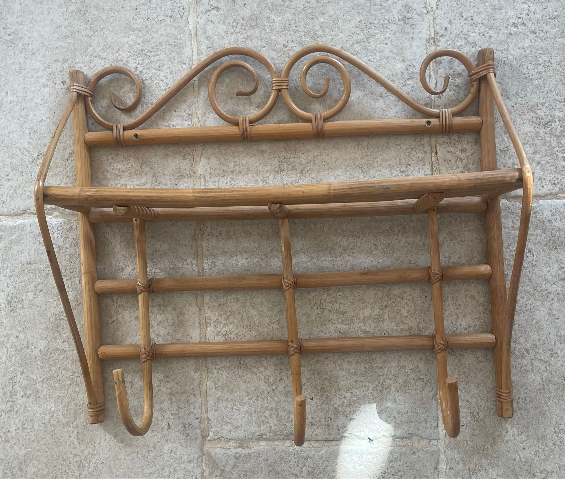 Vintage bamboo and rattan wall coat rack