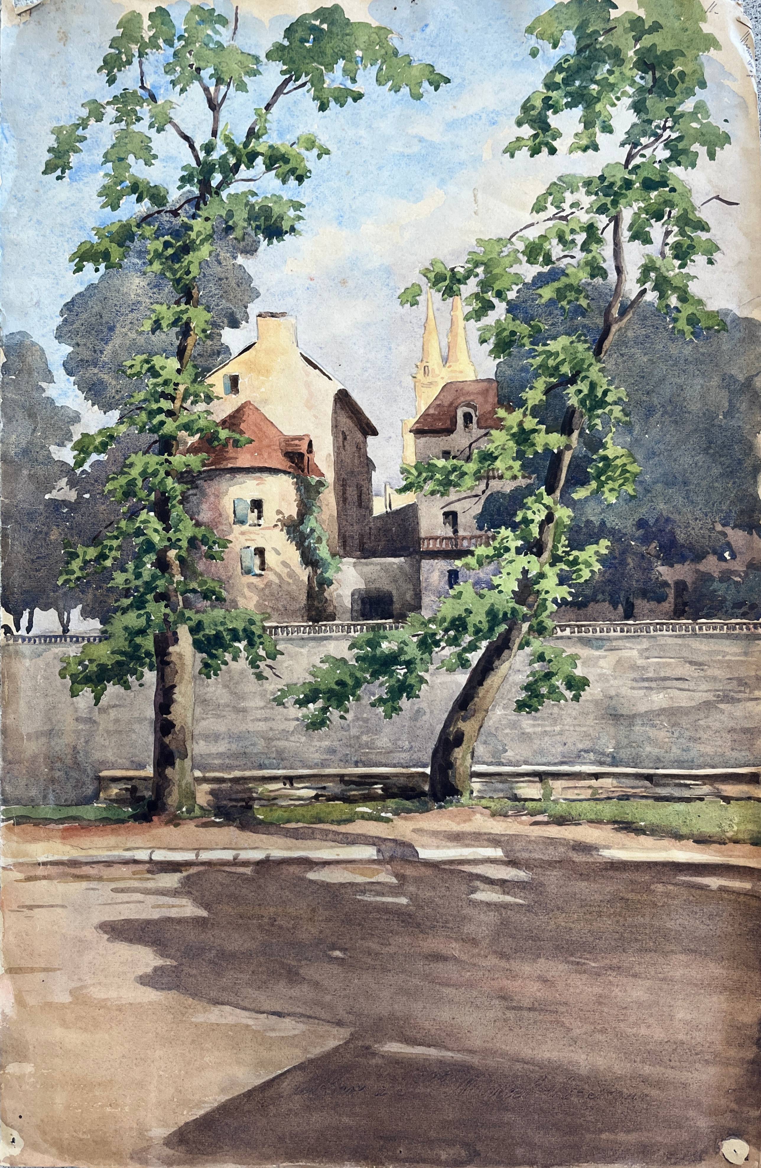 Watercolor painting of a castle and village, early 20th century