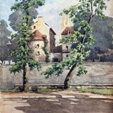 Watercolor painting of a castle and village, early 20th century