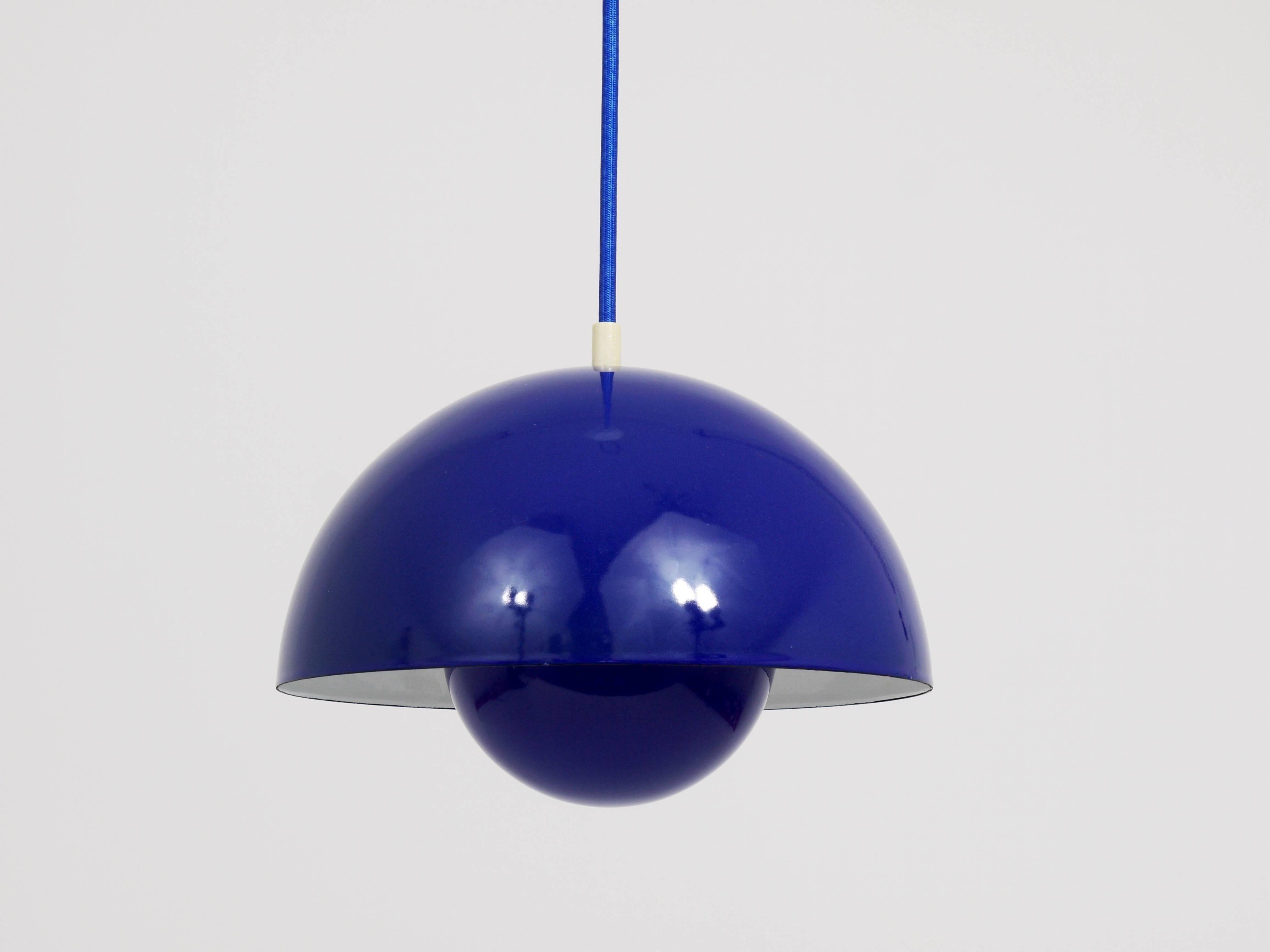 Blue enamelled suspension flowerpot by Verner Panton for Louis Poulsen, Denmark, 1969.