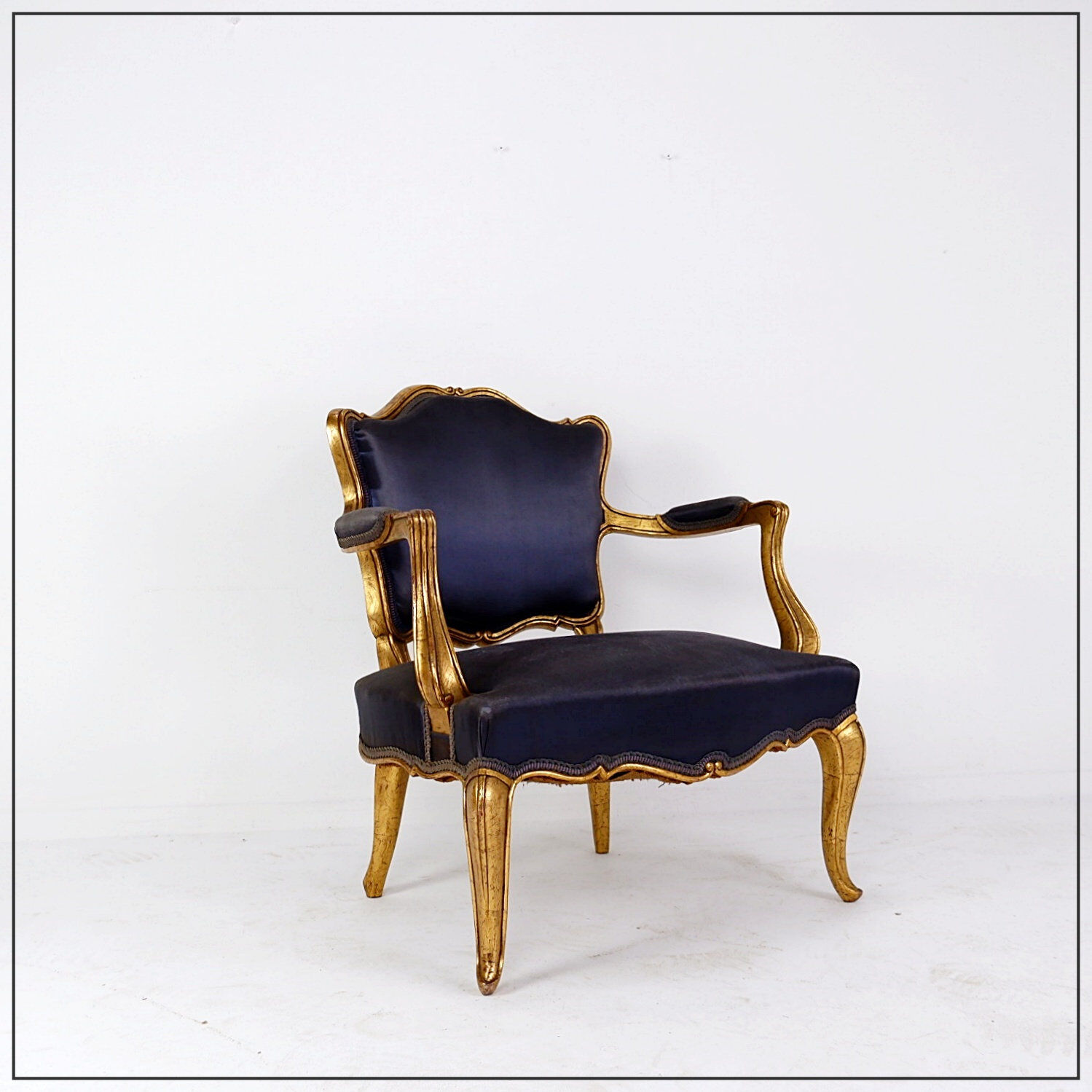 Louis XV style armchairs with original navy blue silk upholstery