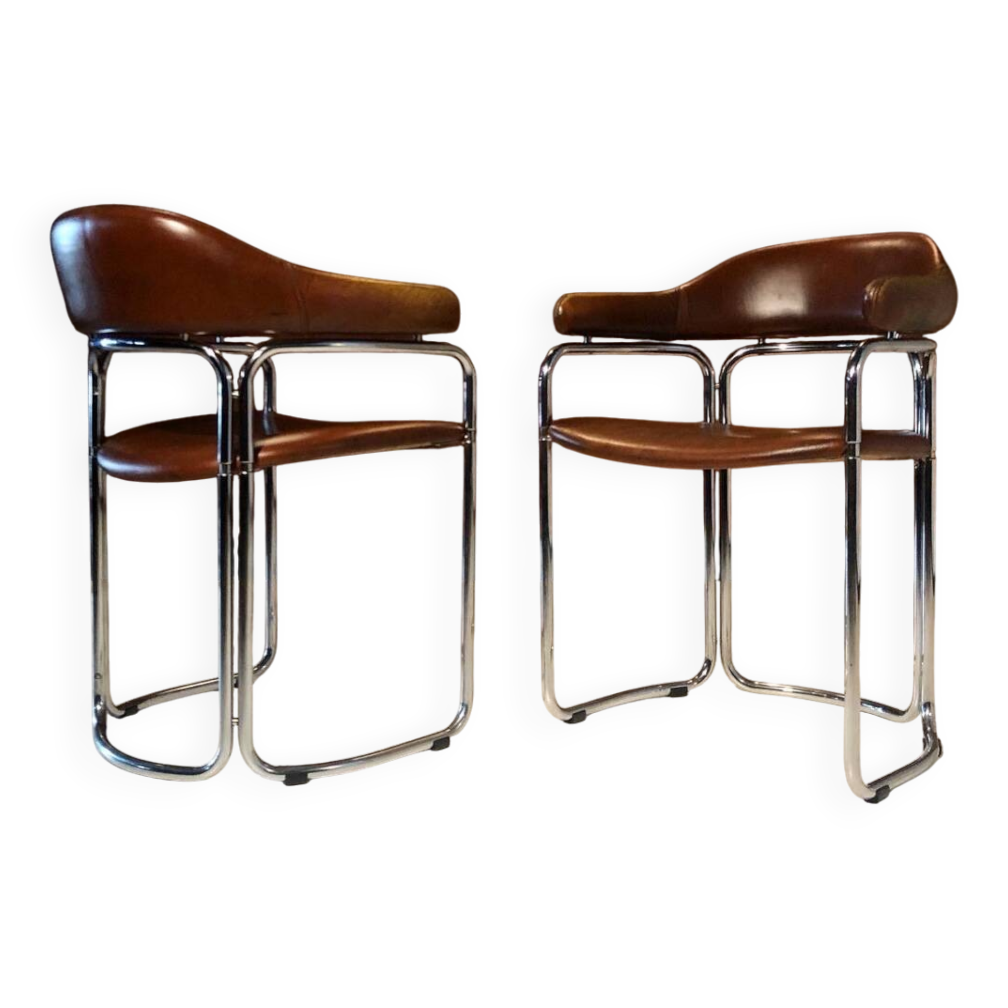 Pair of vintage armchairs, cognac leather and chrome steel 1970