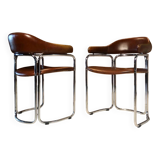 Pair of vintage armchairs, cognac leather and chrome steel 1970