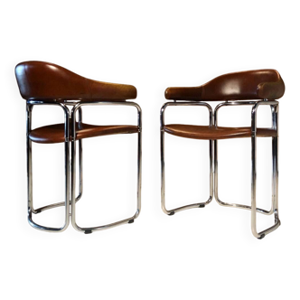 Paire de fauteuils vintage , cuir cognac et acier chromé 1970