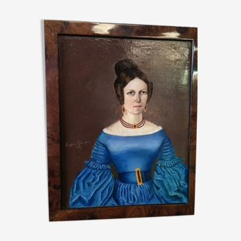 Huile sur toile portrait d'une jeune femme XIXème siècle