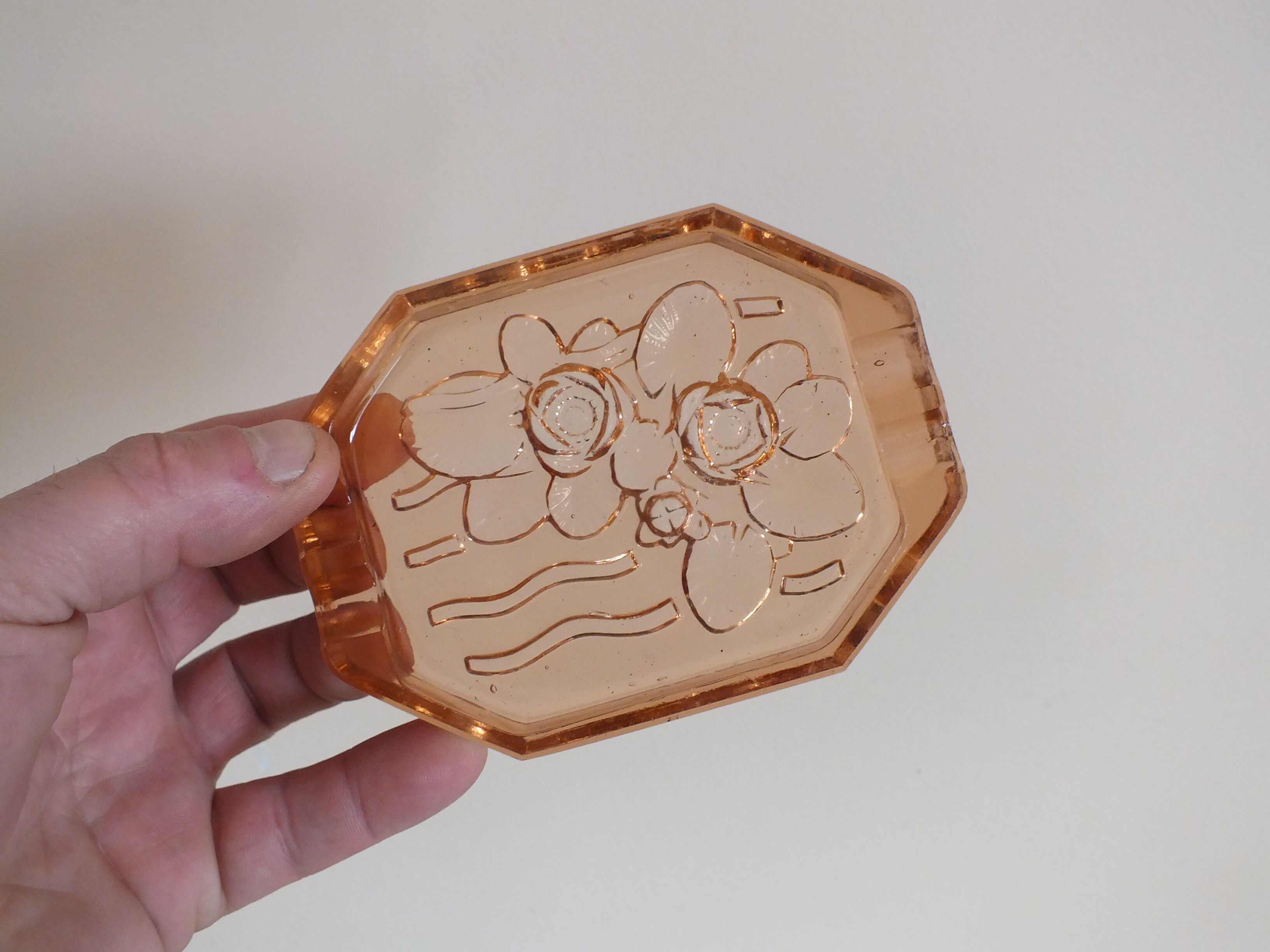 Art Deco style pressed molded glass ashtray, rose décor