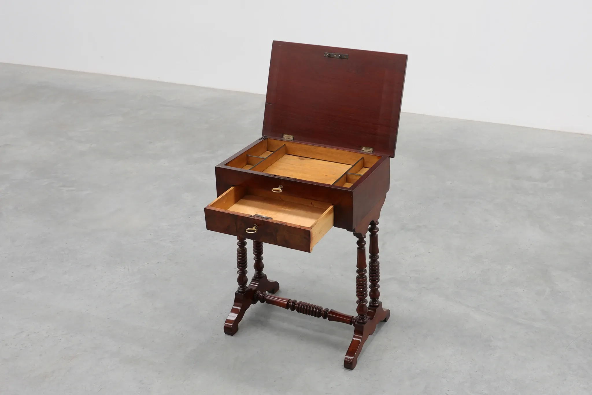 Louis Philippe Side Table with Two Drawers and Turned Twin Legs, France, 18
