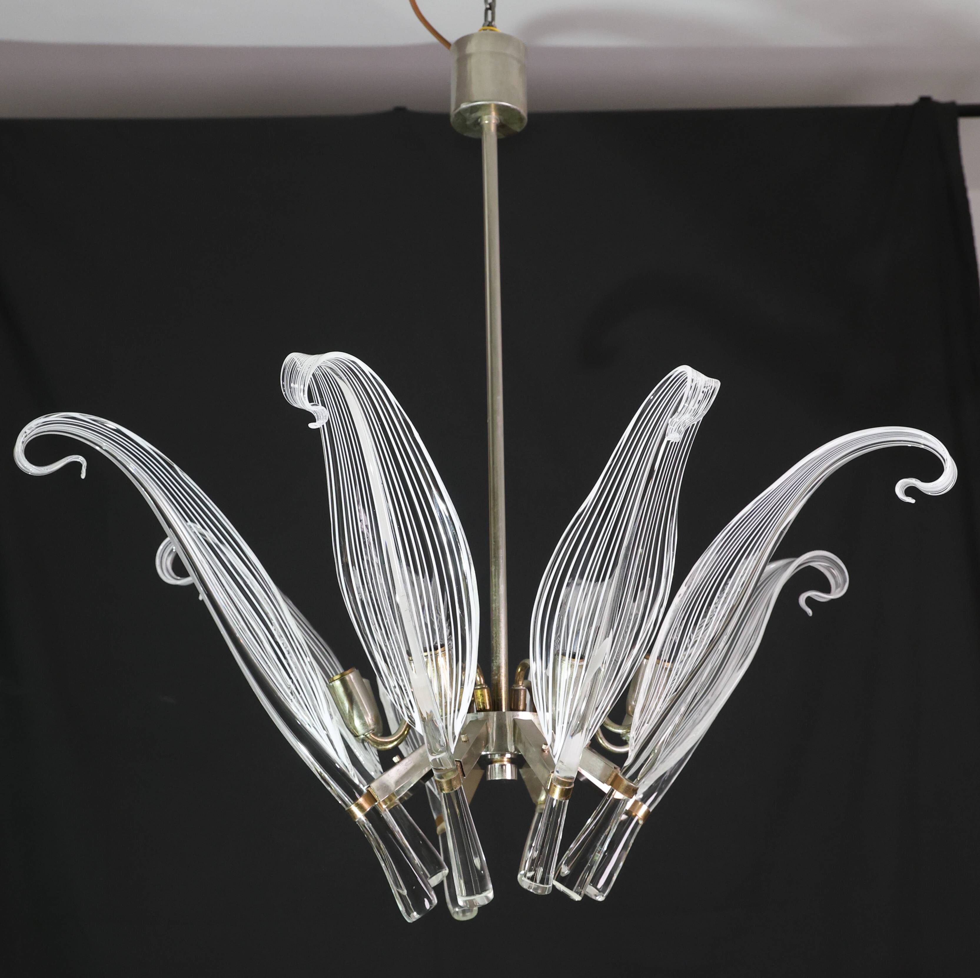 Extraordinary Large Transparent Murano Glass Leaves Chandelier by Franco Lu