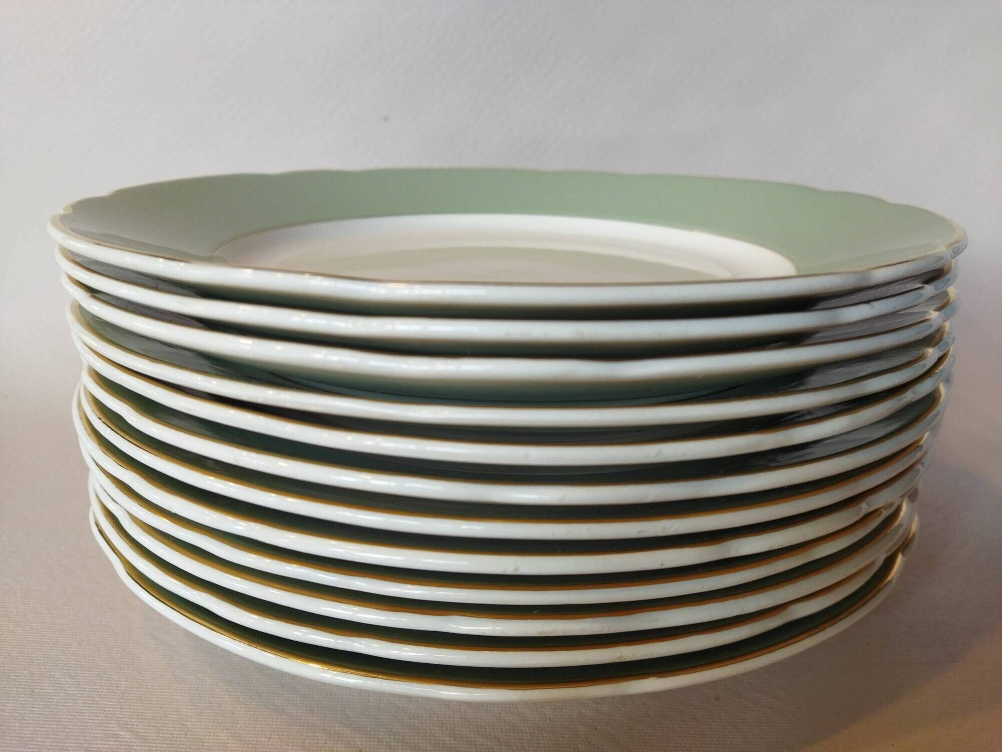 12 flat plates Villeroy & Boch Mettlach celadon green and vintage gold 1960s