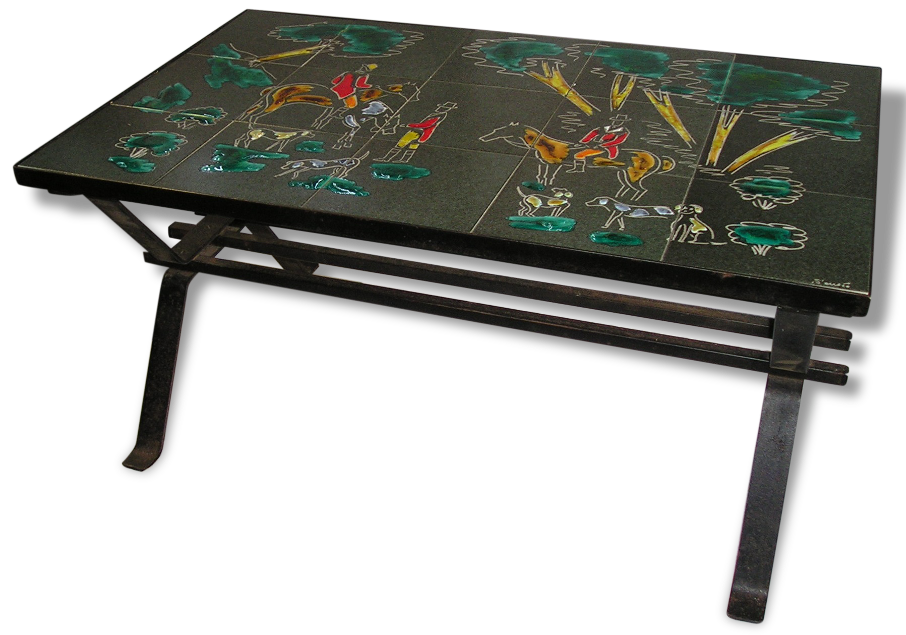 1970s metal and ceramic coffee table with hunting decor, signed