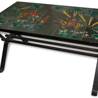 1970s metal and ceramic coffee table with hunting decor, signed