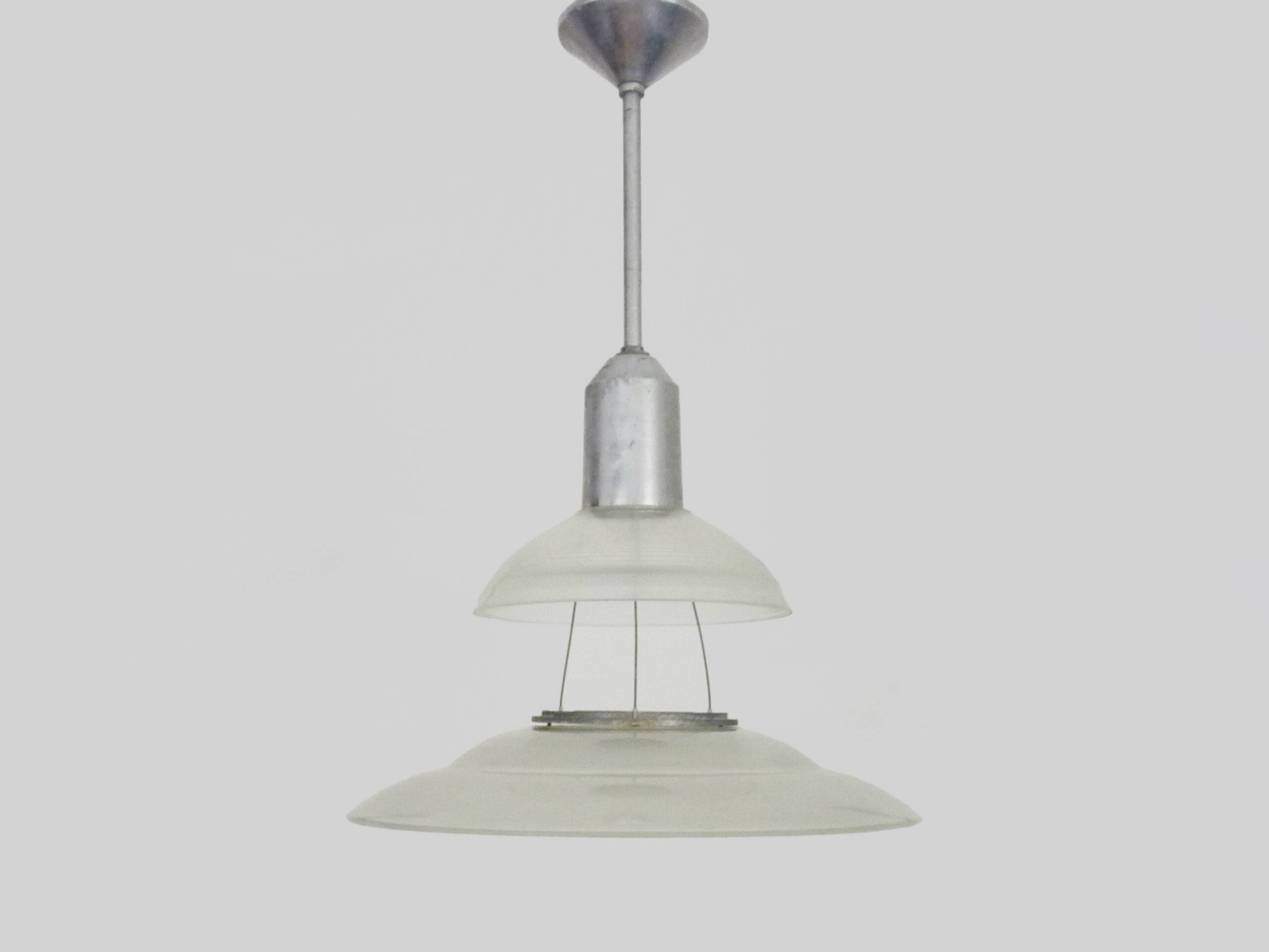 Chandelier, Space Age Flying Saucer Pendant Light, Holophane Style, Industrial Glass. 70s