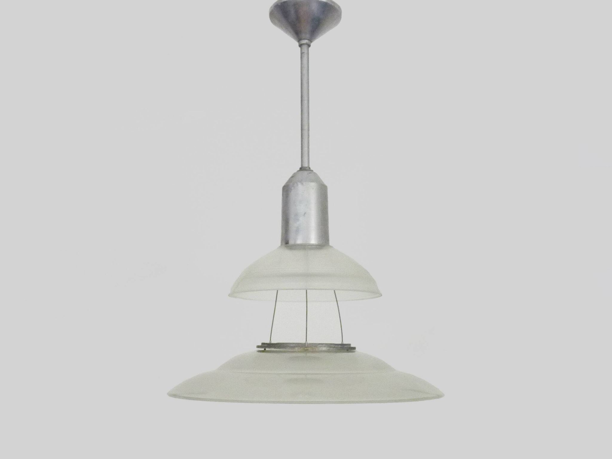 Chandelier, Space Age Flying Saucer Pendant Light, Holophane Style, Industrial Glass. 70s