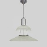 Chandelier, Space Age Flying Saucer Pendant Light, Holophane Style, Industrial Glass. 70s