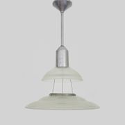 Chandelier, Space Age Flying Saucer Pendant Light, Holophane Style, Industrial Glass. 70s