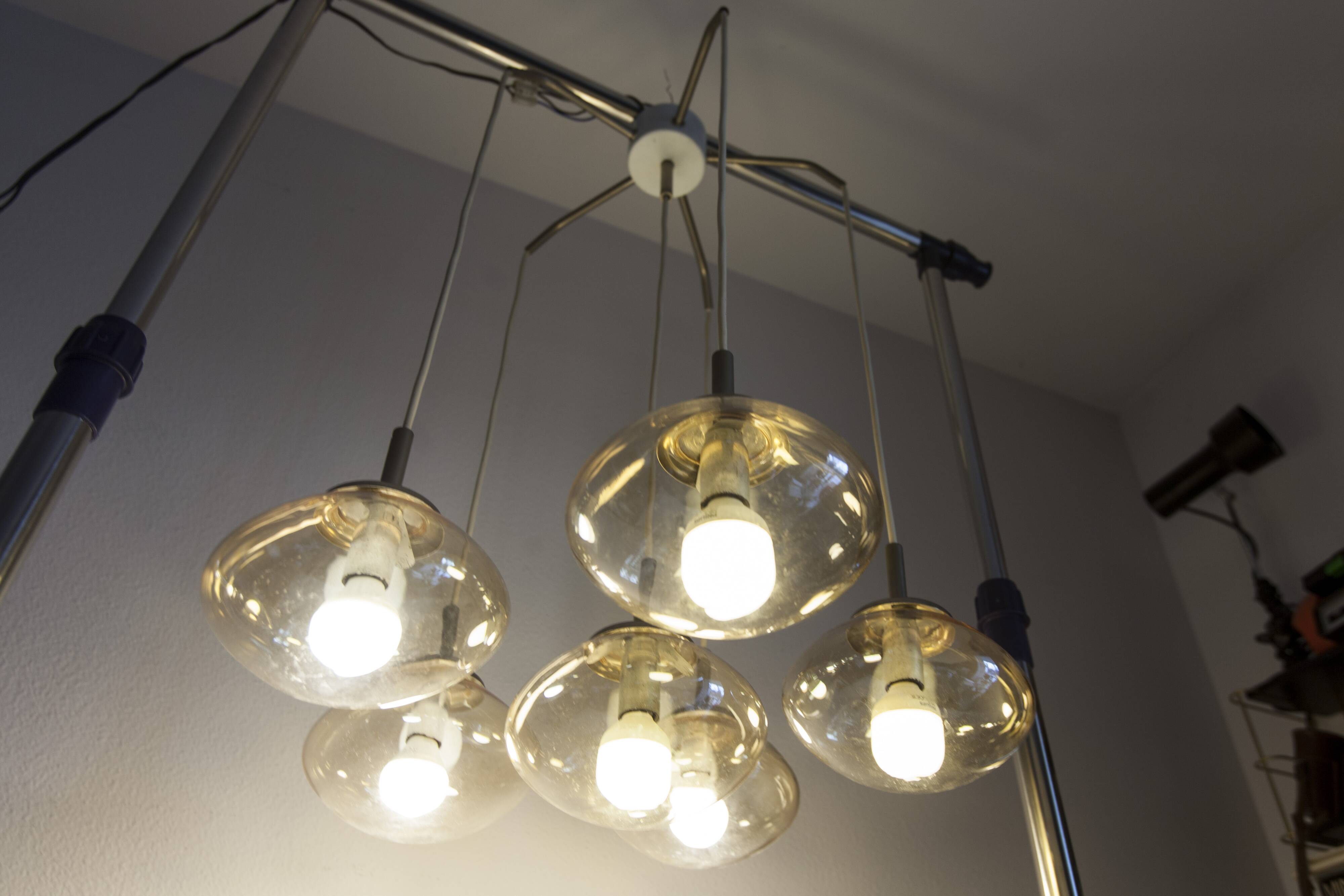 Light smoked glass water drop chandelier with 6 drops from the 1960s.