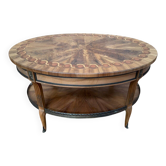 Oval coffee table – Louis XVI style – Marquetry, brass gallery, feet b