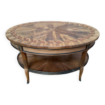 Oval coffee table – Louis XVI style – Marquetry, brass gallery, feet b